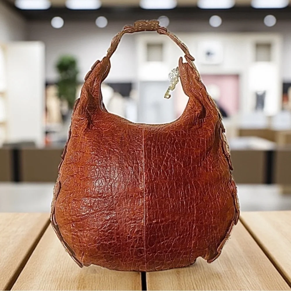 Charm & Luck Brown Textured Leather Embellished Silver & Rhinestone Hobo Bag